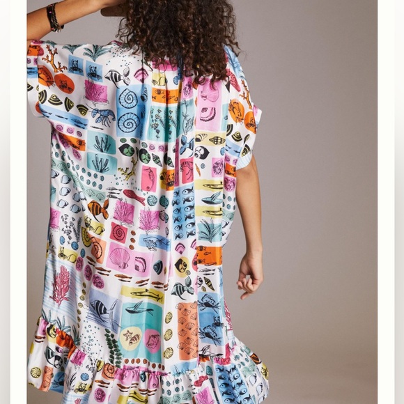 Beatrice B x Anthropologie Nautical Ocean Lg Blue Pink Silk Ruffle Mini Italy - Picture 7 of 7